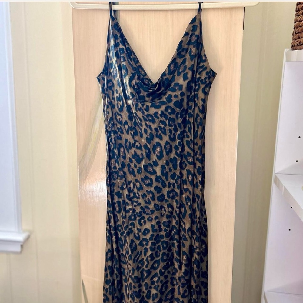 Satin leopard-print maxi slip dress, scoop-neck || sz, sm.